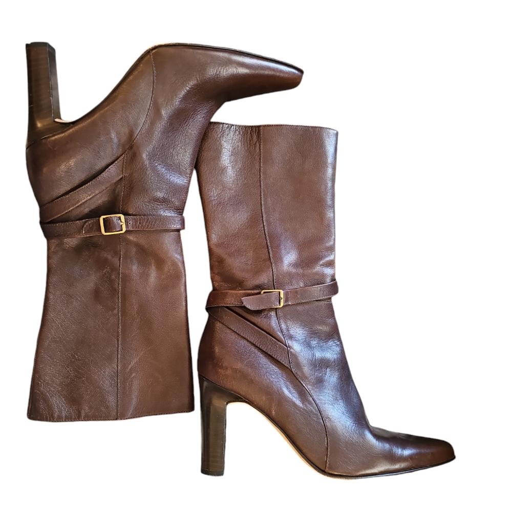 J. Crew mid calf heeled brown leather boots sz 10 Made in Italy